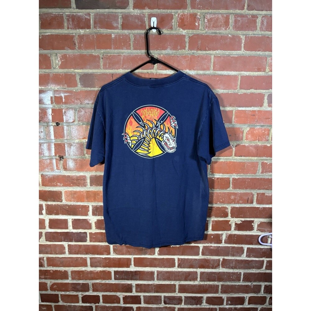 Vintage Y2K Bullhead Shirt Blue Skeleton Demon Flames Skateboarding Adult Large